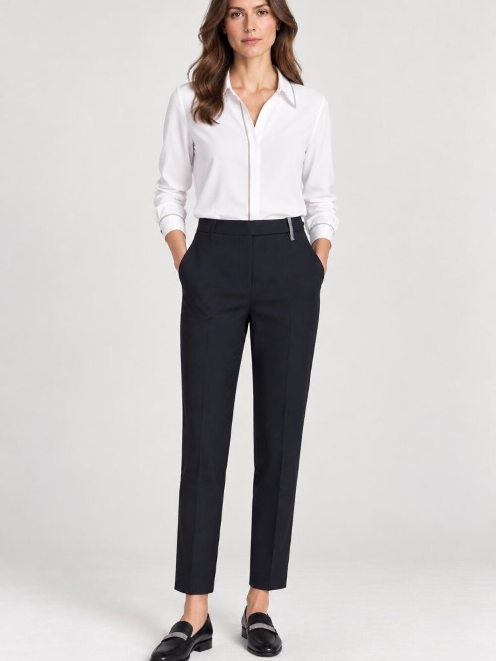 Brunello Cucinelli Black Pants Monili Loop Tropical Wool Pant Light Wt Size 6